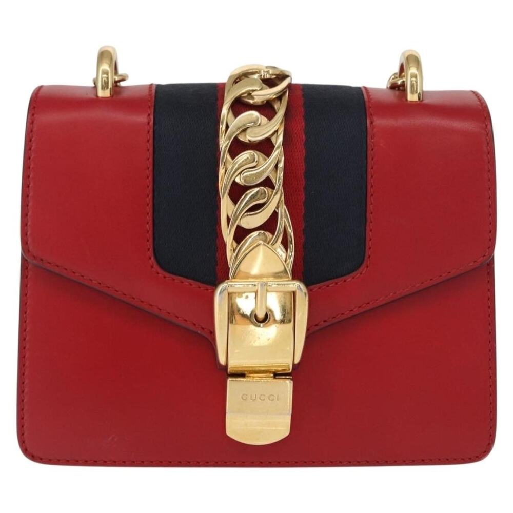 Gucci Leather Sylvie Web Chain Shoulder Bag Red
